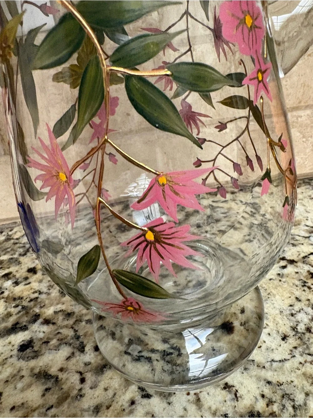 Hand-Painted Floral Glass Pitcher with Gold Rim - Pink & Green